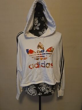 Womens Size L adidas White Hoodie with Multicolor Floral Trefoil